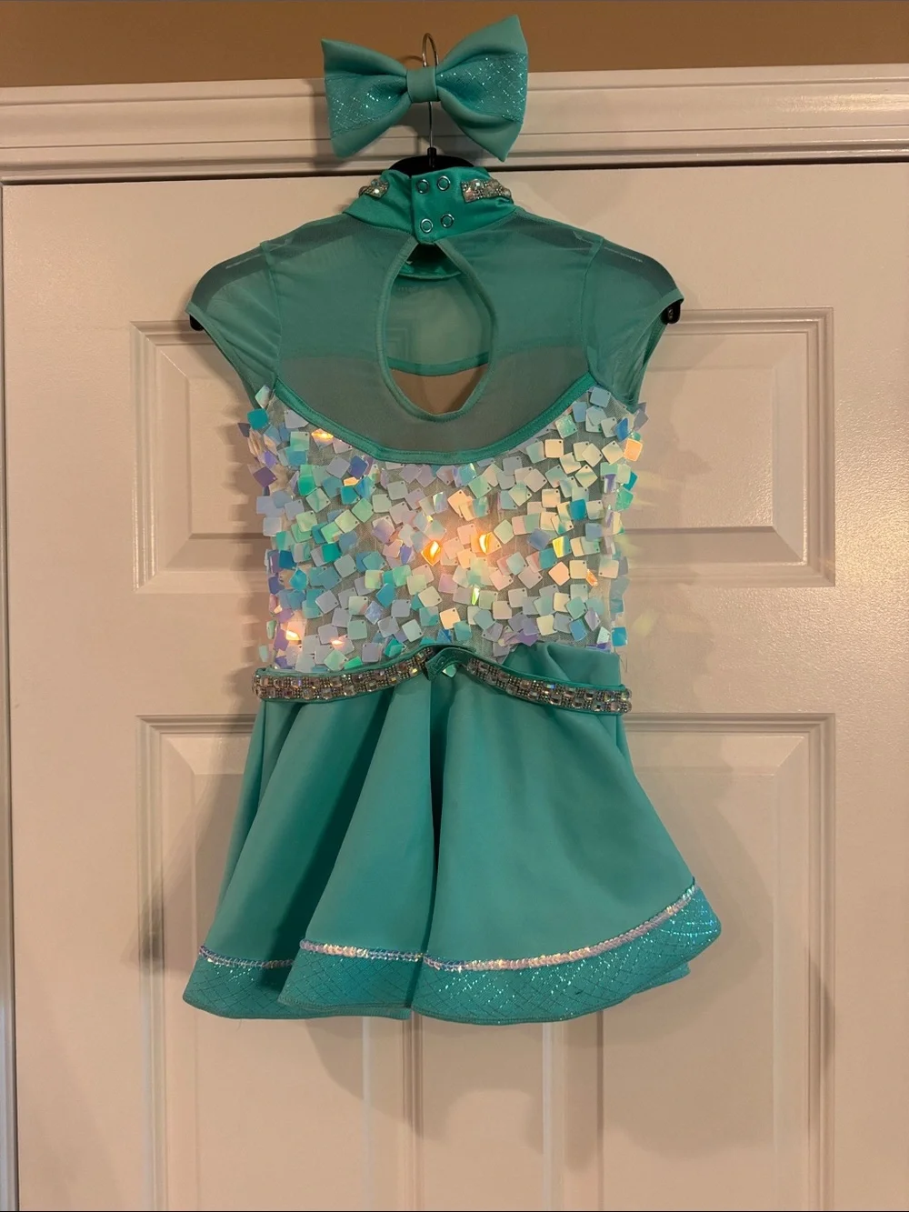 Weissman Girls' Aqua Sequin Dance Costume with Matching Bow